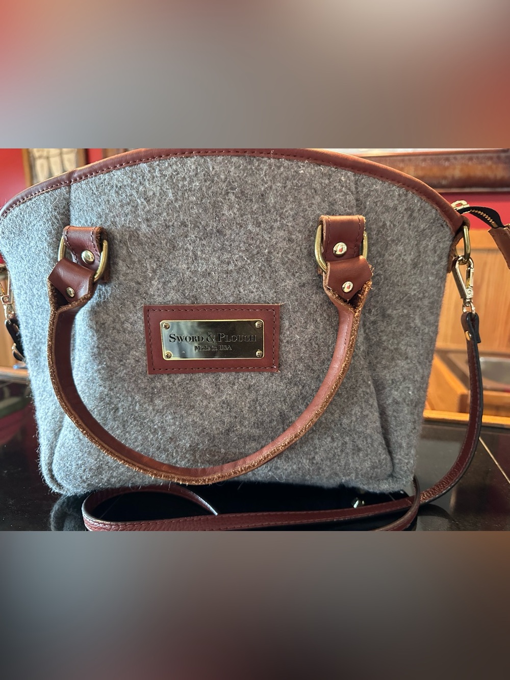 Gray Wool purse with Brown Leather Trim